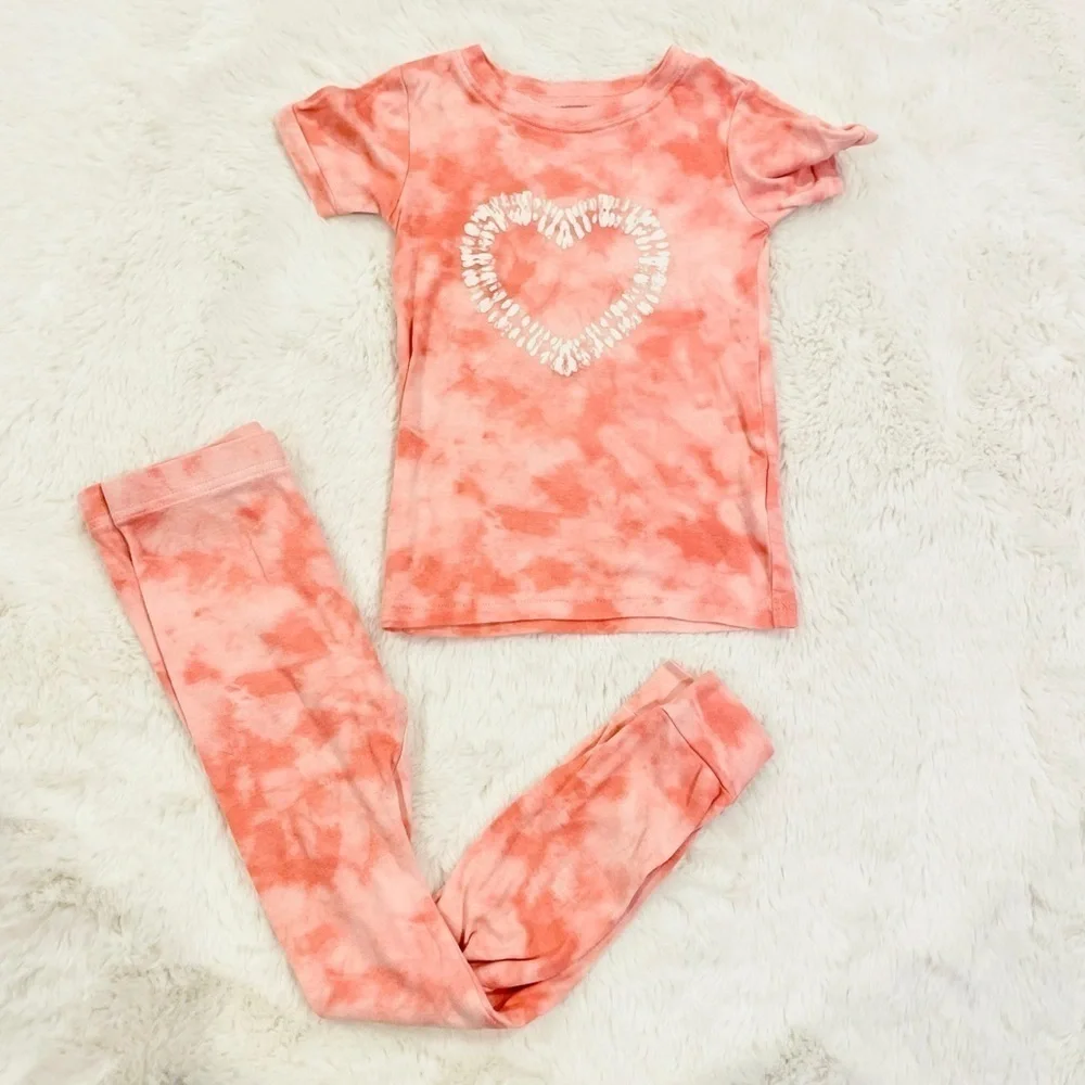 Old Navy Pink Heart Tie Dye Print 2 Piece Pajama PJ Set Toddler Girl’s Size 6T
